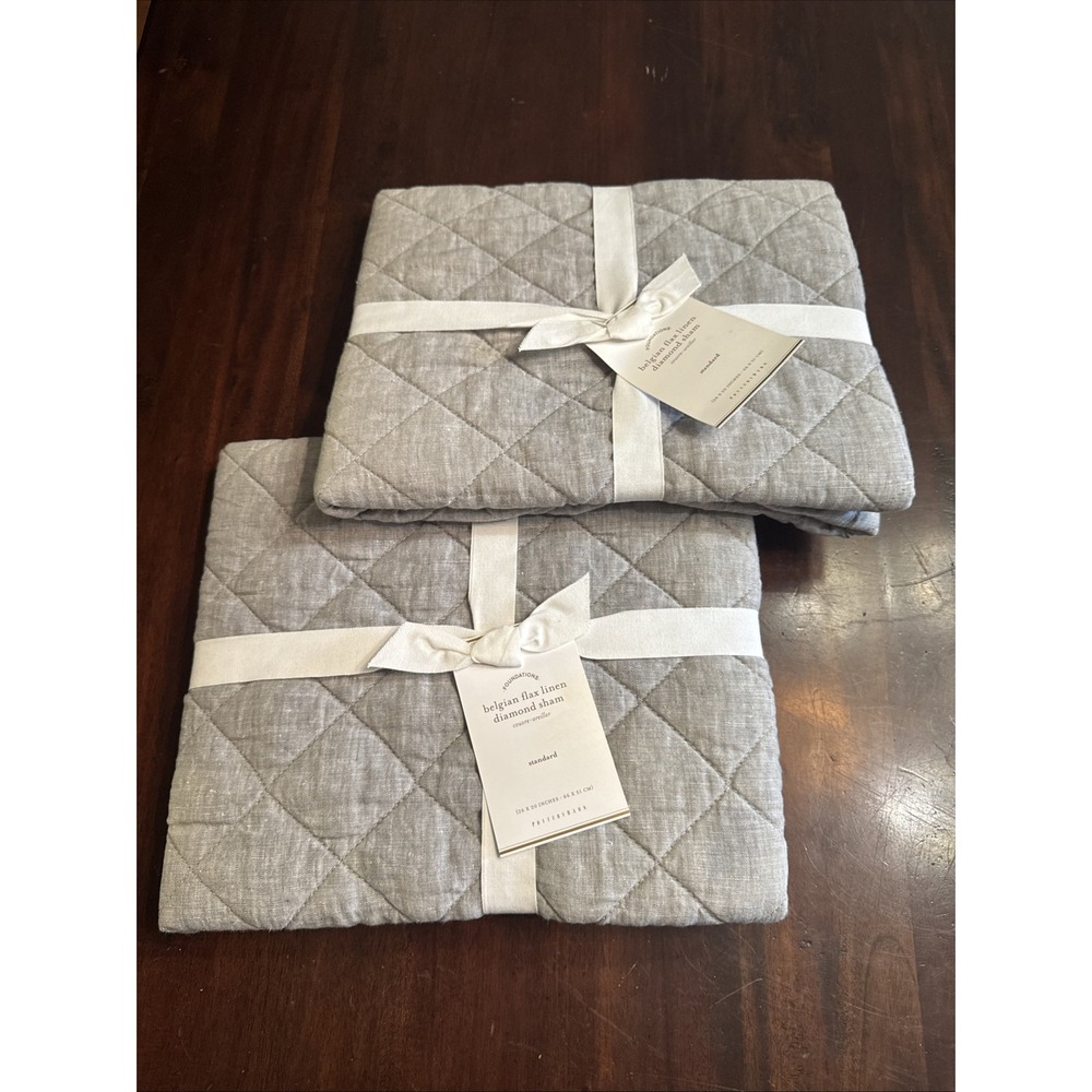 Pottery Barn Pillow Sham Set Standard Belgian Flax Linen Diamond Soft Gray
